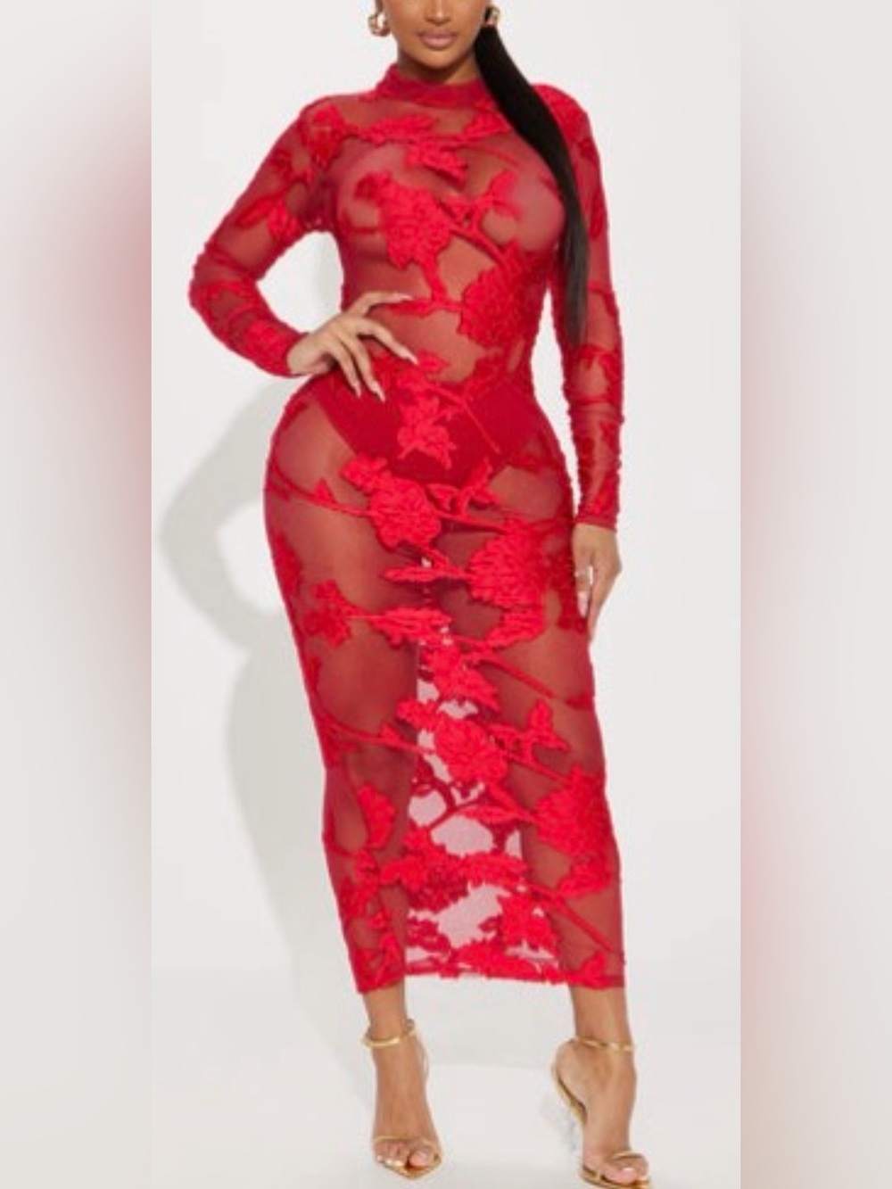 Fashion Nova Finale Rose Mesh Maxi
Dress - Red  Size Medium